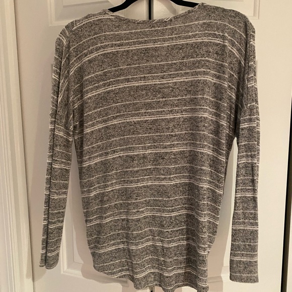 Gray and White Striped Soft Sweater with a Crossed Front - Picture 3 of 3